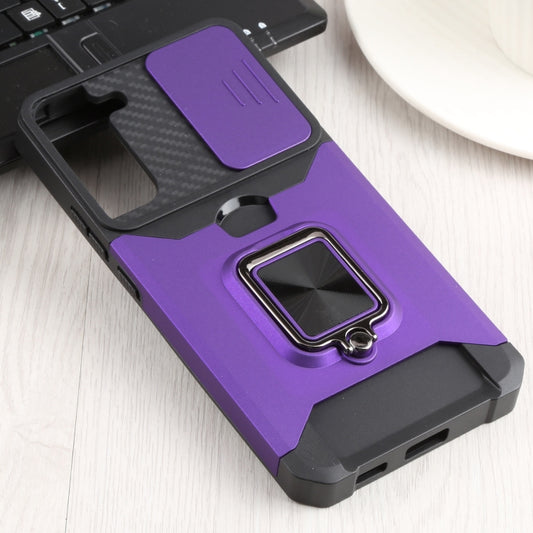 For Samsung Galaxy S22+ 5G Sliding Camera Cover Design PC + TPU Shockproof Phone Case with Ring Holder & Card Slot(Purple) - Galaxy S22+ 5G Cases by buy2fix | Online Shopping UK | buy2fix