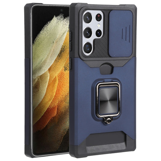 For Samsung Galaxy S22 Ultra 5G Sliding Camera Cover Design PC + TPU Shockproof Phone Case with Ring Holder & Card Slot(Blue) - Galaxy S22 Ultra 5G Cases by buy2fix | Online Shopping UK | buy2fix