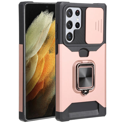 For Samsung Galaxy S22 Ultra 5G Sliding Camera Cover Design PC + TPU Shockproof Phone Case with Ring Holder & Card Slot(Rose Gold) - Galaxy S22 Ultra 5G Cases by buy2fix | Online Shopping UK | buy2fix