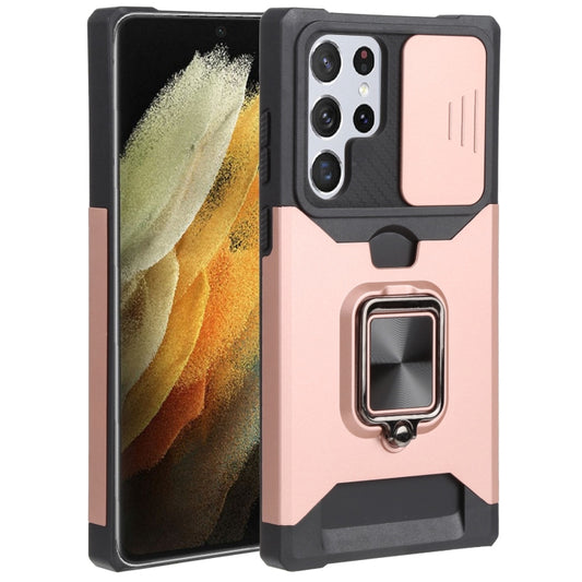 For Samsung Galaxy S22 Ultra 5G Sliding Camera Cover Design PC + TPU Shockproof Phone Case with Ring Holder & Card Slot(Rose Gold) - Galaxy S22 Ultra 5G Cases by buy2fix | Online Shopping UK | buy2fix