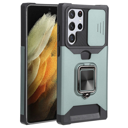 Pour Samsung Galaxy S22 Ultra 5G Couverture de caméra coulissante Design PC + TPU Étui de téléphone antichoc avec support d'anneau et emplacement pour carte (vert foncé)