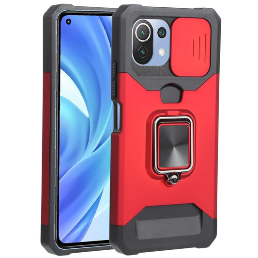 For Xiaomi Mi 11 Lite Sliding Camera Cover Design PC + TPU Shockproof Phone Case with Ring Holder & Card Slot(Red) - Xiaomi Cases by buy2fix | Online Shopping UK | buy2fix