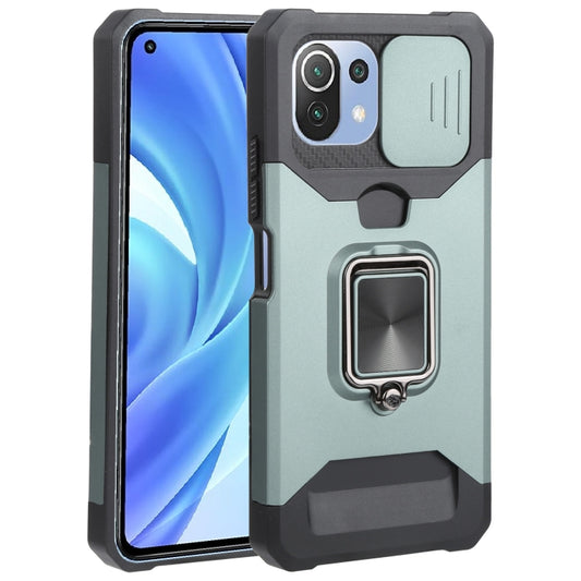 For Xiaomi Mi 11 Lite Sliding Camera Cover Design PC + TPU Shockproof Phone Case with Ring Holder & Card Slot(Dark Green) - Xiaomi Cases by buy2fix | Online Shopping UK | buy2fix
