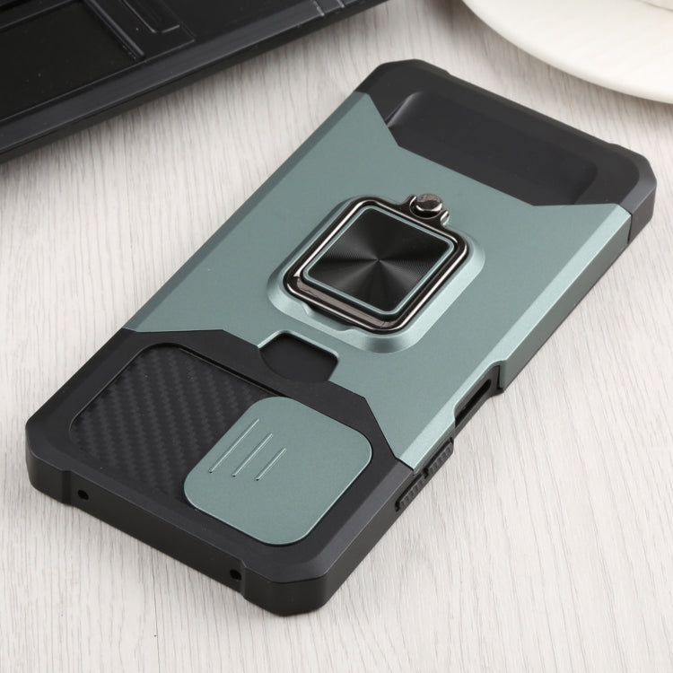 For Xiaomi Mi 11 Lite Sliding Camera Cover Design PC + TPU Shockproof Phone Case with Ring Holder & Card Slot(Dark Green) - Xiaomi Cases by buy2fix | Online Shopping UK | buy2fix