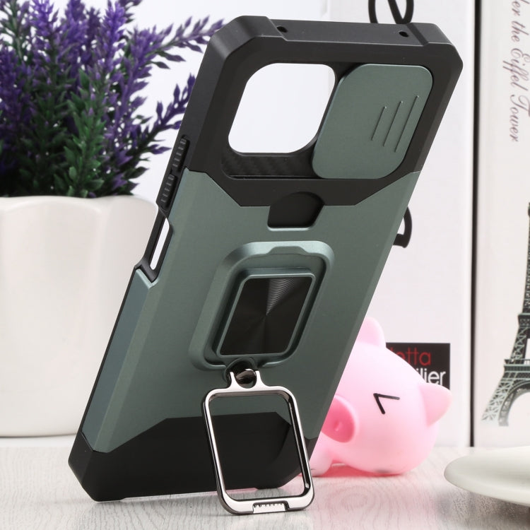 For Xiaomi Mi 11 Lite Sliding Camera Cover Design PC + TPU Shockproof Phone Case with Ring Holder & Card Slot(Dark Green) - Xiaomi Cases by buy2fix | Online Shopping UK | buy2fix
