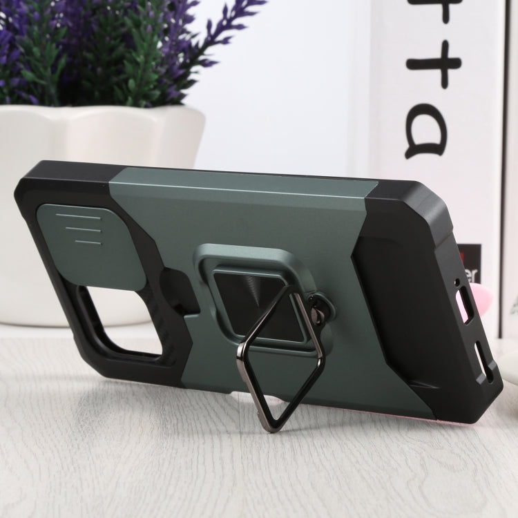 For Xiaomi Mi 11 Lite Sliding Camera Cover Design PC + TPU Shockproof Phone Case with Ring Holder & Card Slot(Dark Green) - Xiaomi Cases by buy2fix | Online Shopping UK | buy2fix