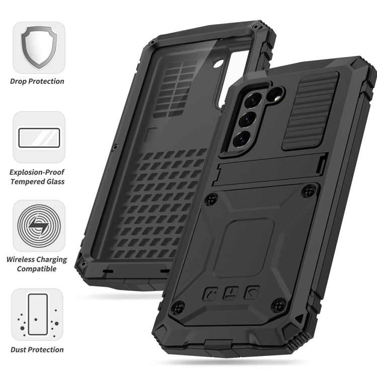 For Samsung Galaxy S21 FE R-JUST Rugged Phone Case with Holder(Black) - Galaxy Phone Cases by R-JUST | Online Shopping UK | buy2fix