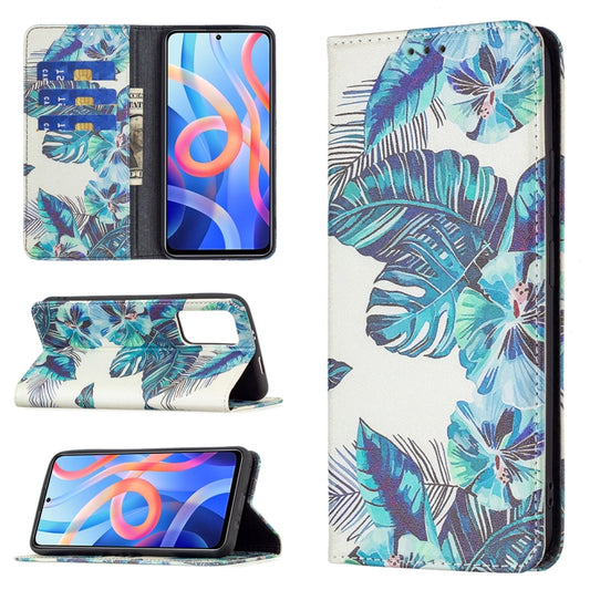 For Xiaomi Redmi Note 11 5G Colored Drawing Invisible Magnetic PU Leather Phone Case(Blue Leaf) - Xiaomi Cases by buy2fix | Online Shopping UK | buy2fix