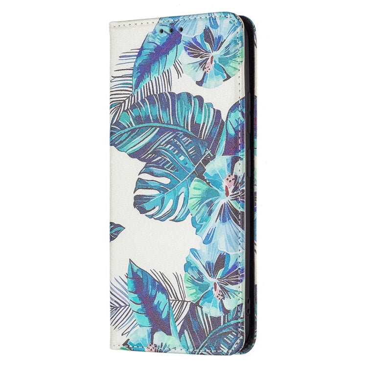 For Xiaomi Redmi Note 11 5G Colored Drawing Invisible Magnetic PU Leather Phone Case(Blue Leaf) - Xiaomi Cases by buy2fix | Online Shopping UK | buy2fix