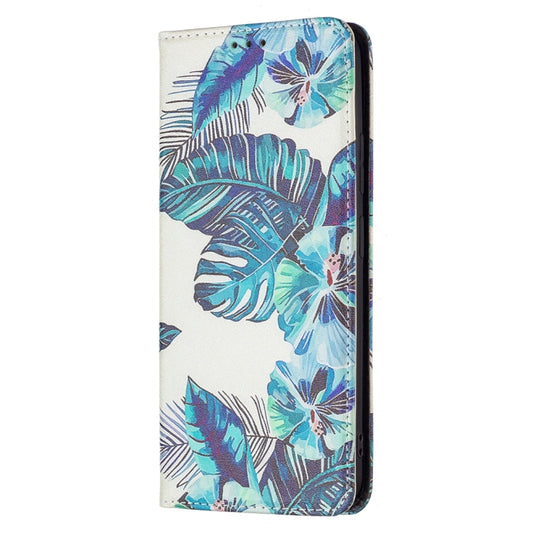For Xiaomi Redmi Note 11 5G Colored Drawing Invisible Magnetic PU Leather Phone Case(Blue Leaf) - Xiaomi Cases by buy2fix | Online Shopping UK | buy2fix