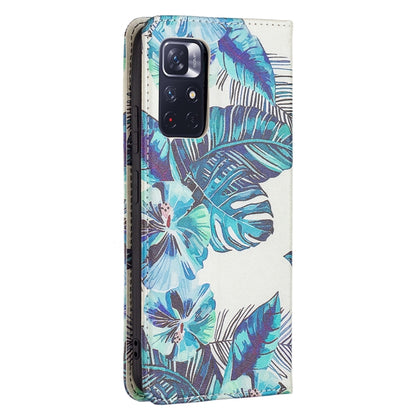 For Xiaomi Redmi Note 11 5G Colored Drawing Invisible Magnetic PU Leather Phone Case(Blue Leaf) - Xiaomi Cases by buy2fix | Online Shopping UK | buy2fix
