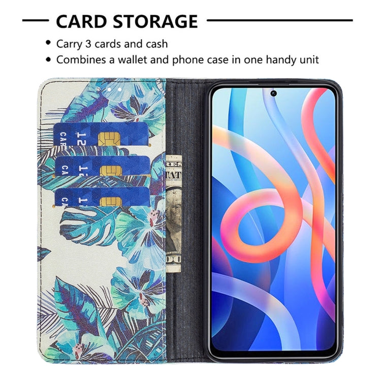 For Xiaomi Redmi Note 11 5G Colored Drawing Invisible Magnetic PU Leather Phone Case(Blue Leaf) - Xiaomi Cases by buy2fix | Online Shopping UK | buy2fix