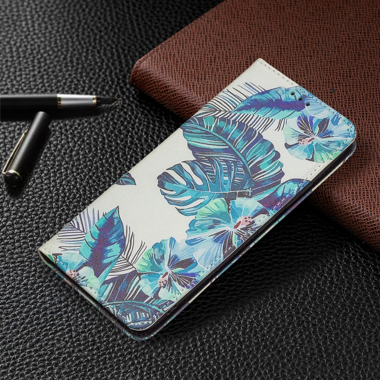 For Xiaomi Redmi Note 11 5G Colored Drawing Invisible Magnetic PU Leather Phone Case(Blue Leaf) - Xiaomi Cases by buy2fix | Online Shopping UK | buy2fix