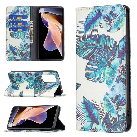 For Xiaomi Redmi Note 11 Pro 5G / 11 Pro+ 5G Colored Drawing Pattern Invisible Magnetic Leather Phone Case(Blue Leaf) - Xiaomi Cases by buy2fix | Online Shopping UK | buy2fix
