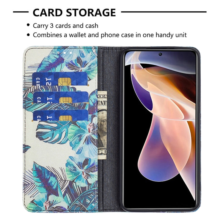 For Xiaomi Redmi Note 11 Pro 5G / 11 Pro+ 5G Colored Drawing Pattern Invisible Magnetic Leather Phone Case(Blue Leaf) - Xiaomi Cases by buy2fix | Online Shopping UK | buy2fix