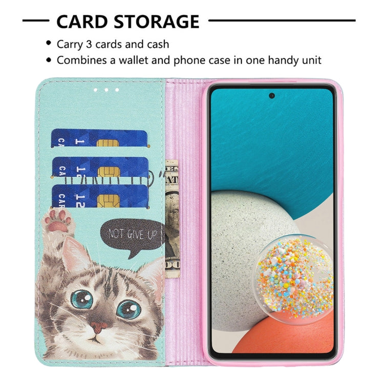 For Samsung Galaxy A53 5G Colored Drawing Pattern Invisible Magnetic PU Leather Phone Case(Cat) by buy2fix
