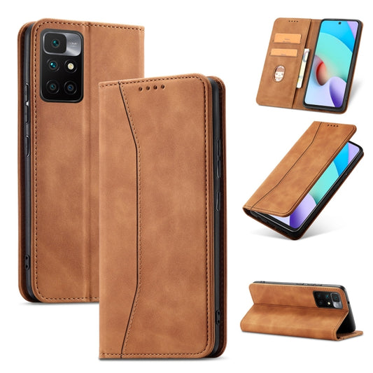 For Xiaomi Redmi 10 Magnetic Dual-fold Leather Phone Case(Brown) - Xiaomi Cases by buy2fix | Online Shopping UK | buy2fix