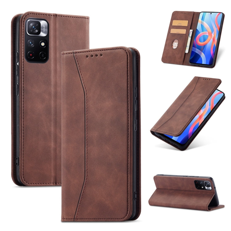 For Xiaomi Redmi Note 11 5G Magnetic Dual-fold Leather Phone Case(Coffee) - Xiaomi Cases by buy2fix | Online Shopping UK | buy2fix