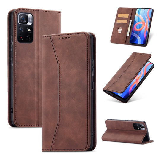 For Xiaomi Redmi Note 11 5G Magnetic Dual-fold Leather Phone Case(Coffee) - Xiaomi Cases by buy2fix | Online Shopping UK | buy2fix