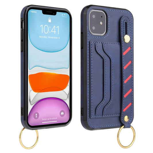 For iPhone 12 / 12 Pro Wristband Wallet Leather Phone Case(Blue) - iPhone 12 / 12 Pro Cases by buy2fix | Online Shopping UK | buy2fix