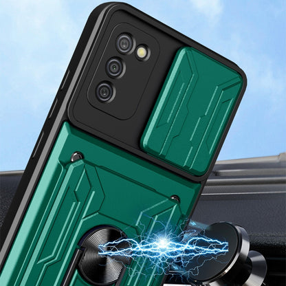 For Samsung Galaxy A02s EU Version Camera Cover Phone Case with Card Slot & Holder(Black) by buy2fix