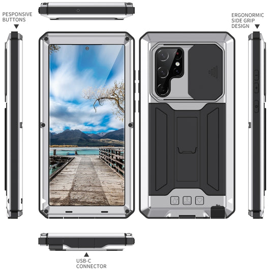 For Samsung Galaxy S22 Ultra 5G R-JUST Sliding Camera Metal + Silicone Holder Phone Case(Silver) - Galaxy S22 Ultra 5G Cases by R-JUST | Online Shopping UK | buy2fix