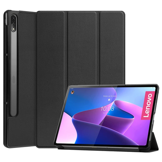 For Lenovo Tab P12 Pro 12.6 Three-folding Holder Custer Texture Leather Tablet Case(Black) - Lenovo by buy2fix | Online Shopping UK | buy2fix