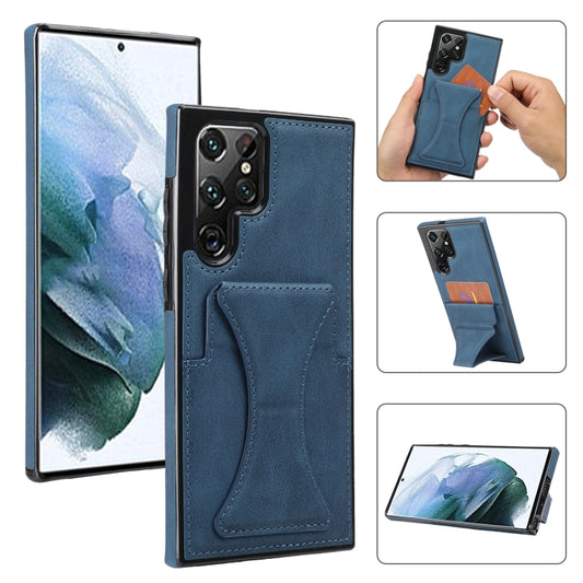 For Samsung Galaxy S22 Ultra 5G Ultra-thin Shockproof Phone Case with Holder(Blue) - Galaxy S22 Ultra 5G Cases by buy2fix | Online Shopping UK | buy2fix
