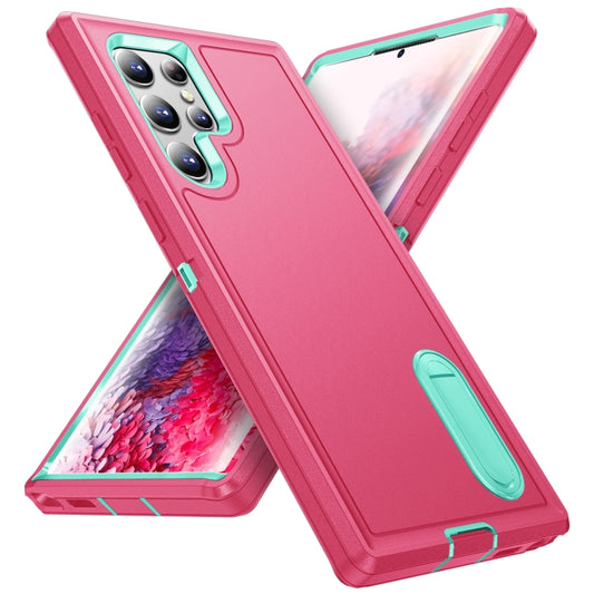 For Samsung Galaxy S22 Ultra 5G 3 in 1 Rugged Holder Phone Case(Pink+Blue) by buy2fix