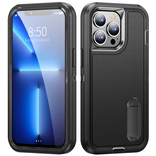 For iPhone 13 Pro Max 3 in 1 Rugged Holder Phone Case (Black + Black) - iPhone 13 Pro Max Cases by buy2fix | Online Shopping UK | buy2fix