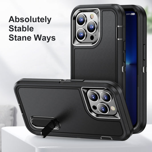 For iPhone 13 Pro Max 3 in 1 Rugged Holder Phone Case (Black + Black) - iPhone 13 Pro Max Cases by buy2fix | Online Shopping UK | buy2fix