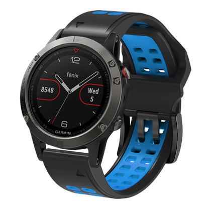 For Garmin Fenix 7 26mm Dual Row Holes Two-color Silicone Watch Band(Black Sky Blue) - Watch Bands by buy2fix | Online Shopping UK | buy2fix