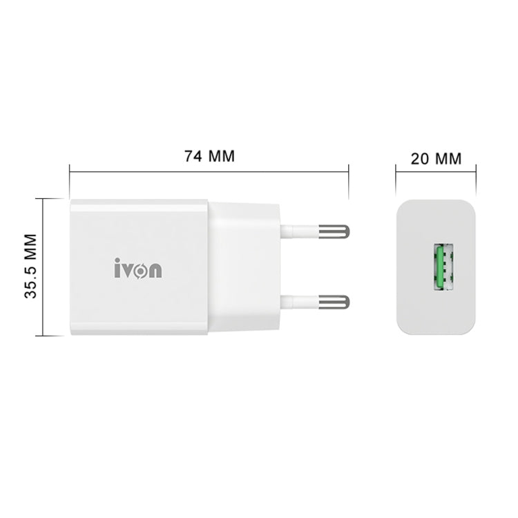 IVON AD-35 2 in 1 18W QC3.0 USB Port Travel Charger + 1m USB to 8 Pin Data Cable Set, EU Plug(White) - USB Charger by IVON | Online Shopping UK | buy2fix