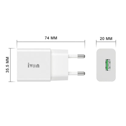 IVON AD-35 2 in 1 18W QC3.0 USB Port Travel Charger + 1m USB to 8 Pin Data Cable Set, EU Plug(White) - USB Charger by IVON | Online Shopping UK | buy2fix