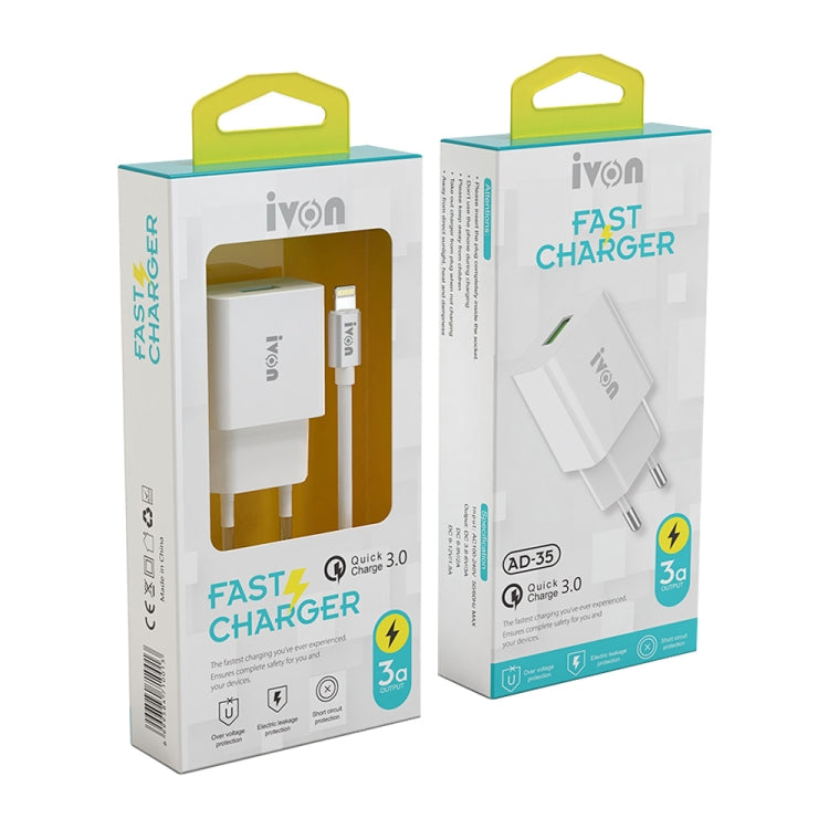 IVON AD-35 2 in 1 18W QC3.0 USB Port Travel Charger + 1m USB to 8 Pin Data Cable Set, EU Plug(White) - USB Charger by IVON | Online Shopping UK | buy2fix