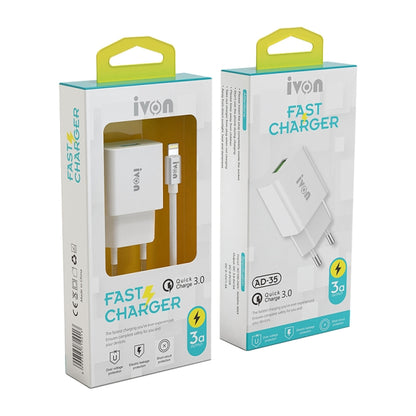 IVON AD-35 2 in 1 18W QC3.0 USB Port Travel Charger + 1m USB to 8 Pin Data Cable Set, EU Plug(White) - USB Charger by IVON | Online Shopping UK | buy2fix