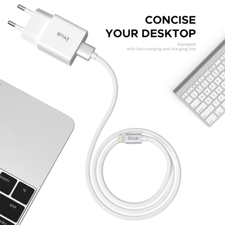 IVON AD-35 2 in 1 18W QC3.0 USB Port Travel Charger + 1m USB to 8 Pin Data Cable Set, EU Plug(White) - USB Charger by IVON | Online Shopping UK | buy2fix