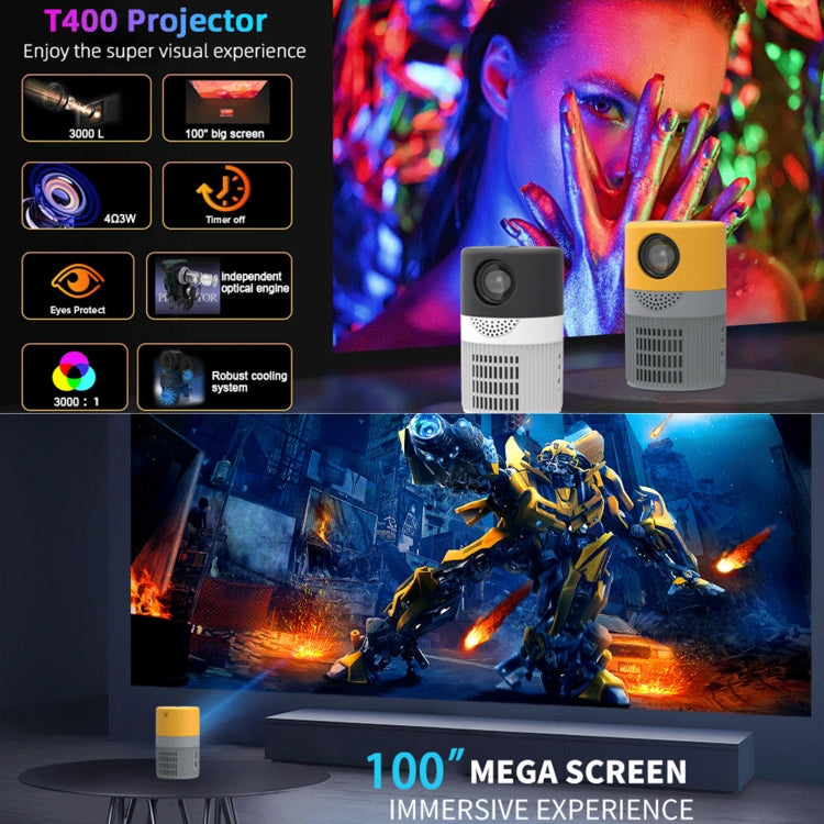 T400 100 inch Screen 3000 Lumens LED Mini Projector, Plug Type:UK Plug(Grey Yellow) - Mini Projector by buy2fix | Online Shopping UK | buy2fix