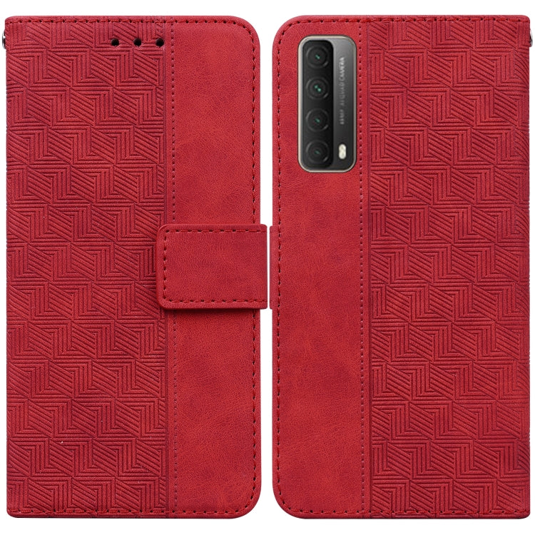 For Huawei P smart 2021 / Y7a Geometric Embossed Leather Phone Case(Red) - Huawei Cases by buy2fix | Online Shopping UK | buy2fix