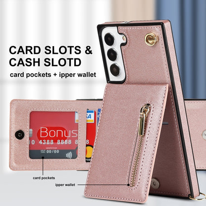 For Samsung Galaxy S22 5G Cross-body Square Zipper Card Holder Bag Phone Case(Rose Gold) - Galaxy S22 5G Cases by buy2fix | Online Shopping UK | buy2fix