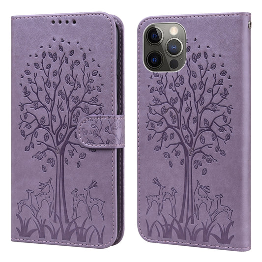 For iPhone 13 Pro Max Tree & Deer Pattern Pressed Printing Horizontal Flip Leather Phone Case For iPhone 12 Pro Max / 13 Pro Max(Purple) - iPhone 13 Pro Max Cases by buy2fix | Online Shopping UK | buy2fix