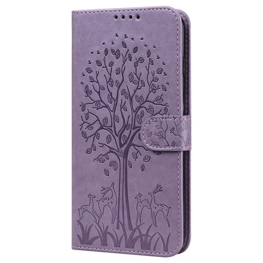 For iPhone 13 Pro Max Tree & Deer Pattern Pressed Printing Horizontal Flip Leather Phone Case For iPhone 12 Pro Max / 13 Pro Max(Purple) - iPhone 13 Pro Max Cases by buy2fix | Online Shopping UK | buy2fix