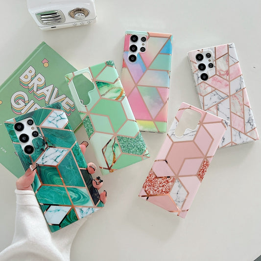 For Samsung Galaxy S22+ 5G Electroplated Splicing Marble TPU Phone Case(Green Lattice) - Galaxy S22+ 5G Cases by buy2fix | Online Shopping UK | buy2fix