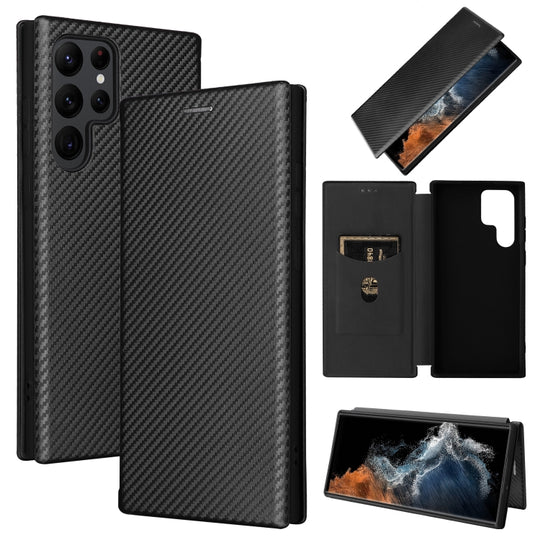 Pour Samsung Galaxy S22 Ultra 5G Texture en fibre de carbone Étui de téléphone en cuir à rabat horizontal (Noir)