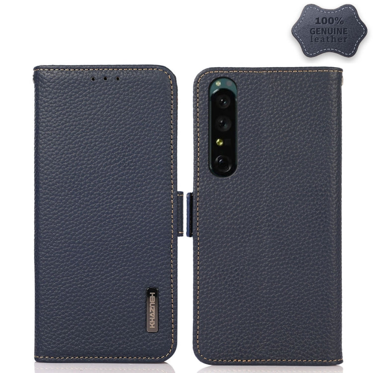 For Sony Xperia 1 IV KHAZNEH Side-Magnetic Litchi Genuine Leather RFID Phone Case(Blue) by buy2fix