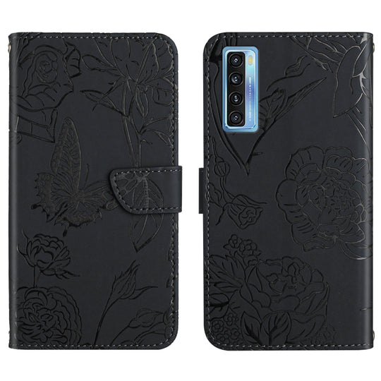 For TCL 20 Pro 5G Skin Feel Butterfly Peony Embossed Leather Phone Case(Black)