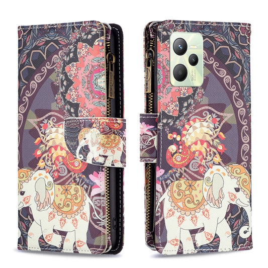For OPPO Realme C35 Colored Drawing Pattern Zipper Leather Phone Case(Flower Elephants) - Realme Cases by buy2fix | Online Shopping UK | buy2fix