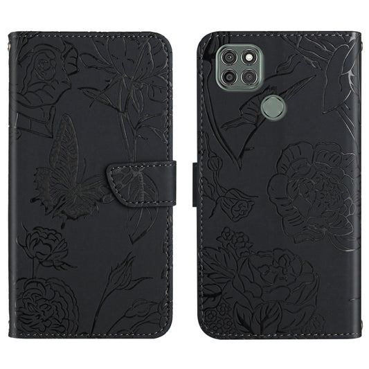 For Motorola Moto G9 Power Skin Feel Butterfly Peony Embossed Leather Phone Case(Black) - Motorola Cases by buy2fix | Online Shopping UK | buy2fix