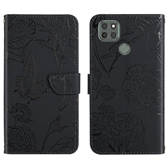 For Motorola Moto G9 Power Skin Feel Butterfly Peony Embossed Leather Phone Case(Black)