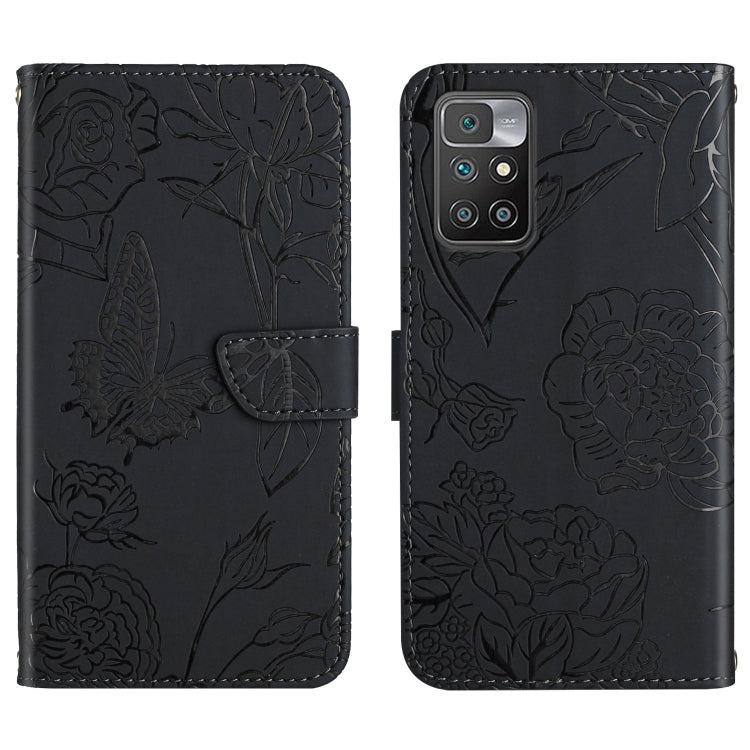 For Xiaomi Redmi 10 4G Skin Feel Butterfly Peony Embossed Leather Phone Case(Black) - Xiaomi Cases by buy2fix | Online Shopping UK | buy2fix